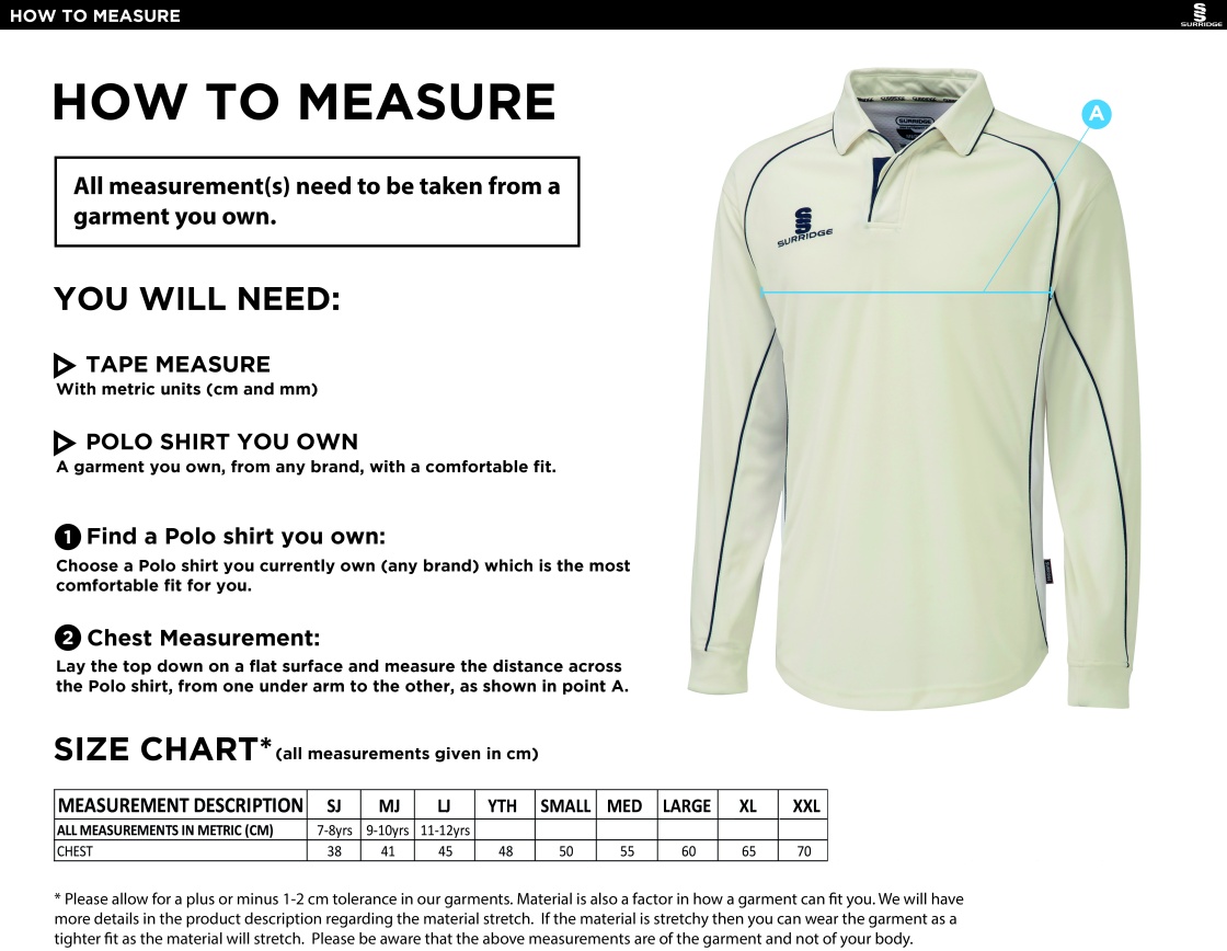 Welbeck CC Premier L/S Cricket Shirt - Size Guide