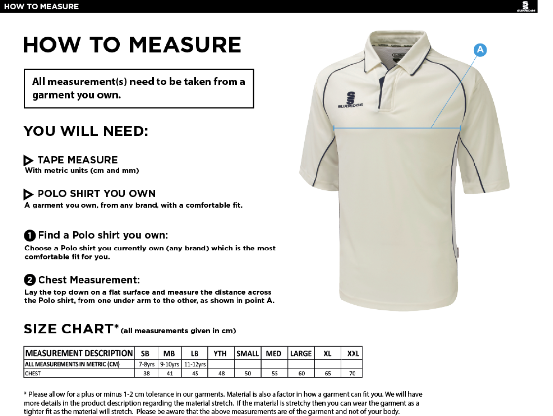 Welbeck COLLIERY CC Premier 3/4 Cricket Shirt - Size Guide