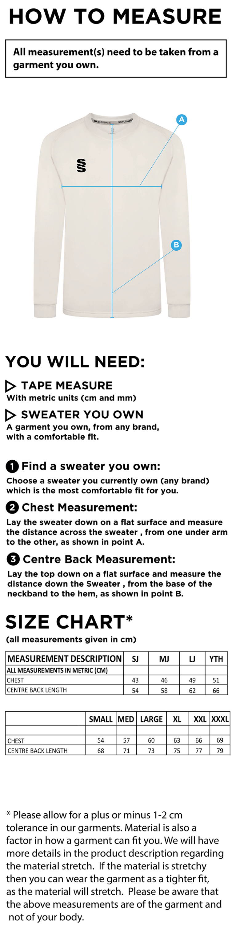 Welbeck CC Blast Long Sleeve Cricket Sweater - Size Guide