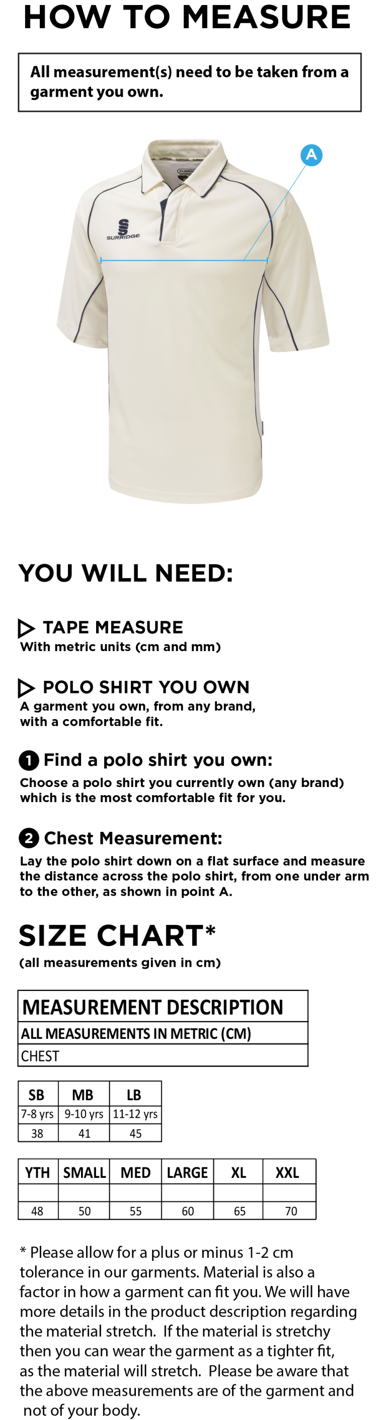 Welbeck COLLIERY CC Premier 3/4 Cricket Shirt - Size Guide