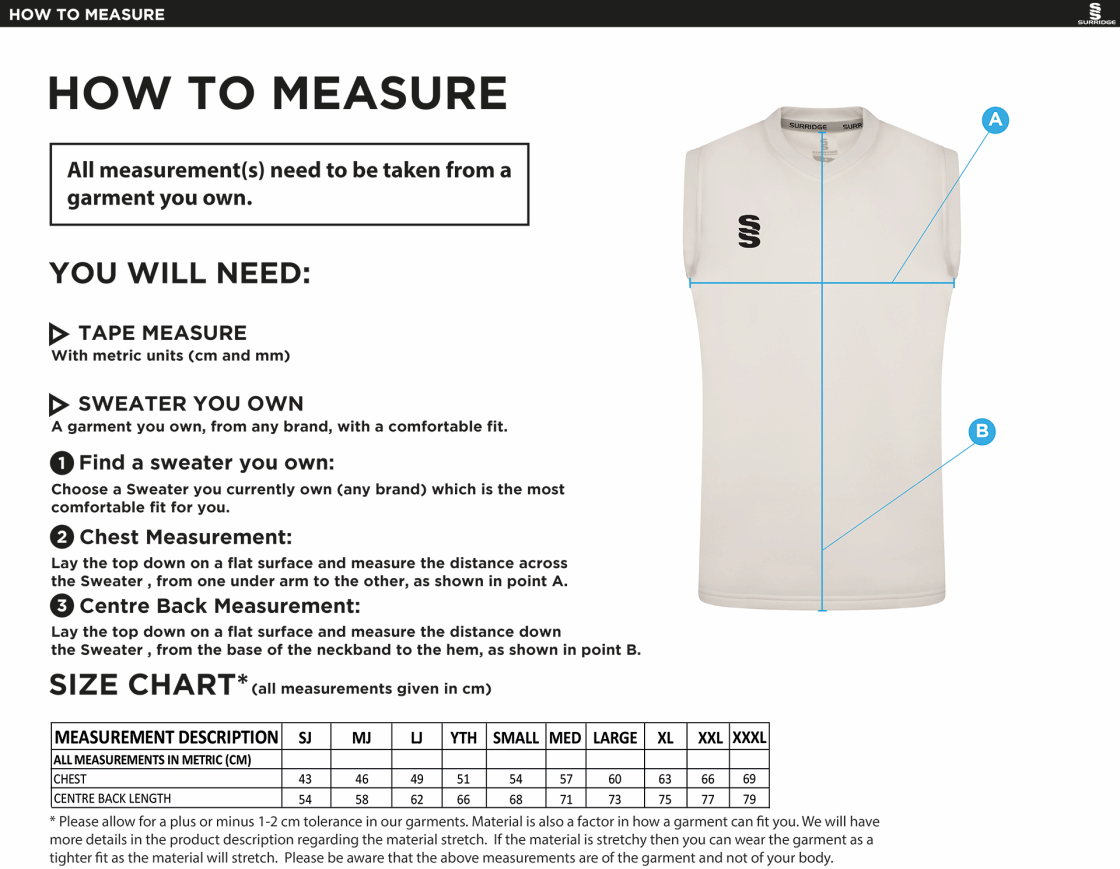 Welbeck CC Blast Sleeveless Cricket Sweater - Size Guide