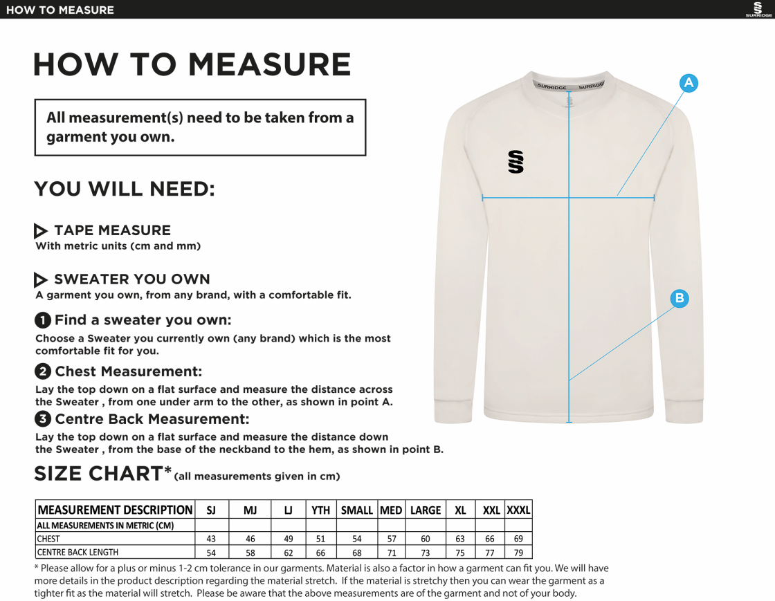 Welbeck CC Blast Long Sleeve Cricket Sweater - Size Guide