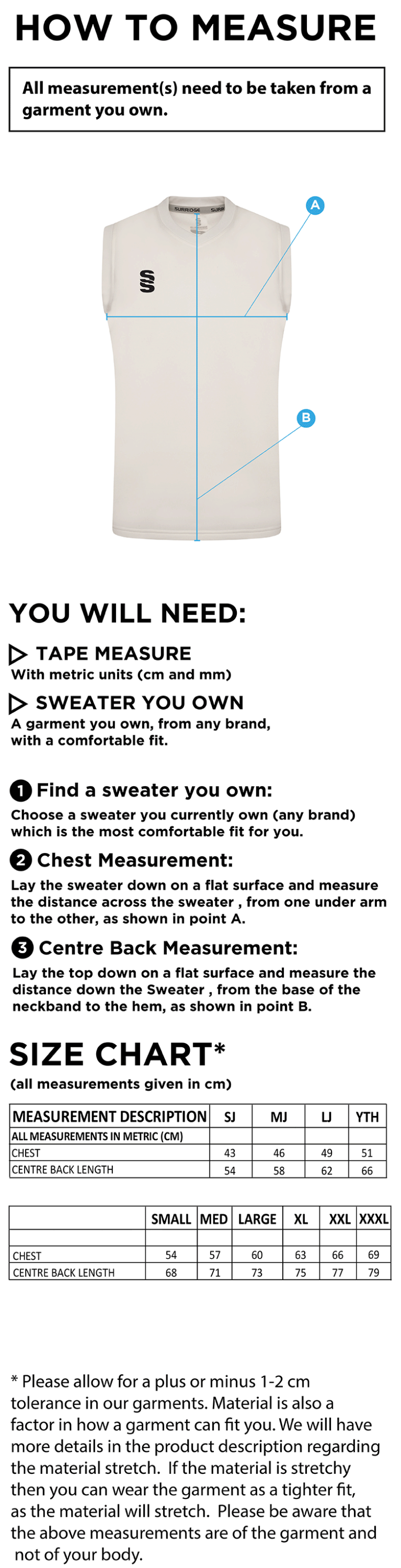 Welbeck CC Blast Sleeveless Cricket Sweater - Size Guide