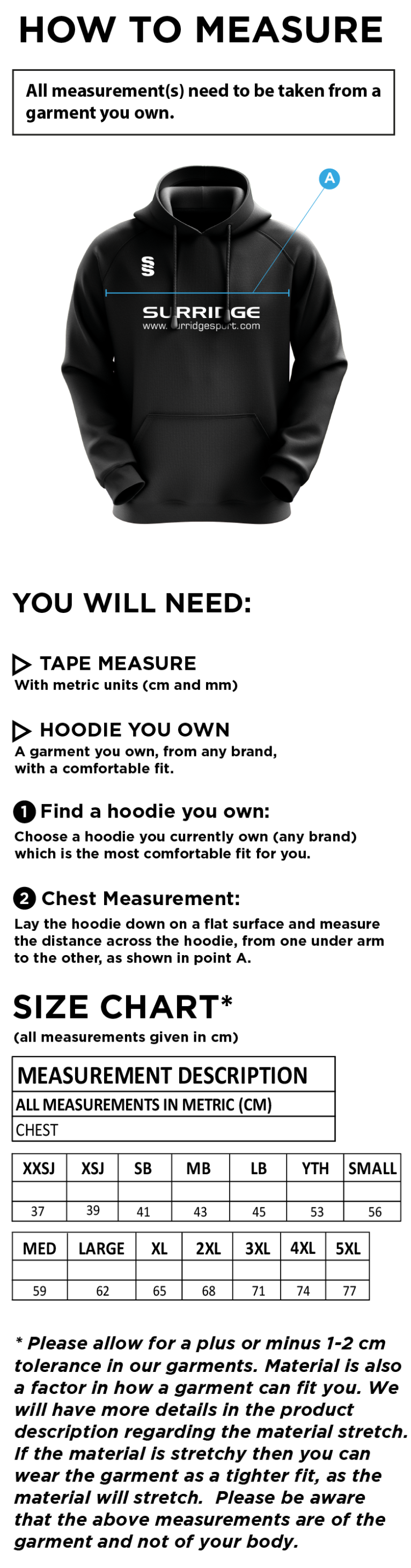 Welbeck CC Fuse Hoodie - Size Guide