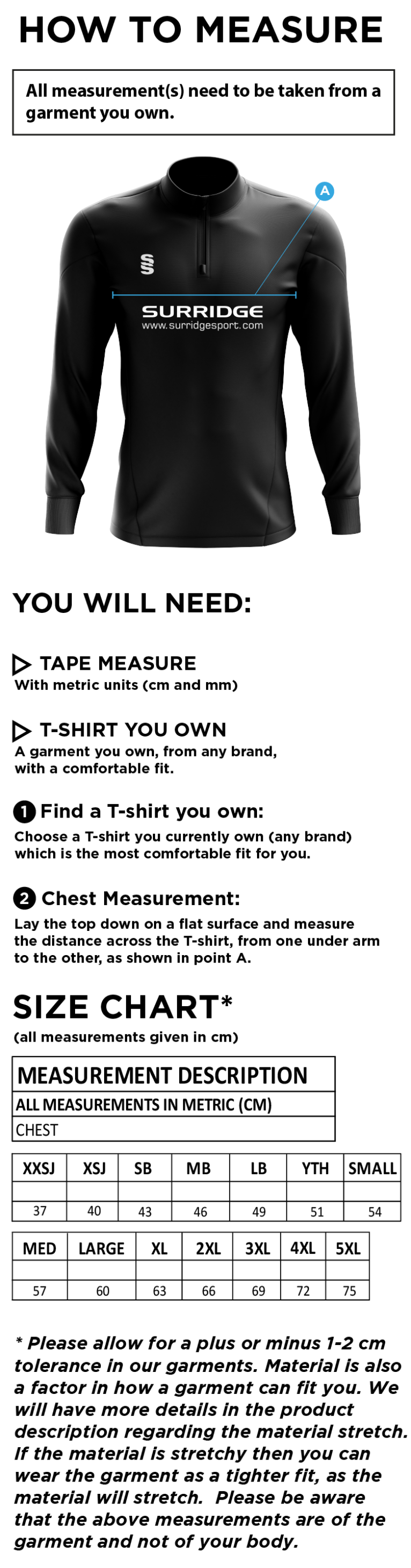 Welbeck CC Performance Top - Size Guide