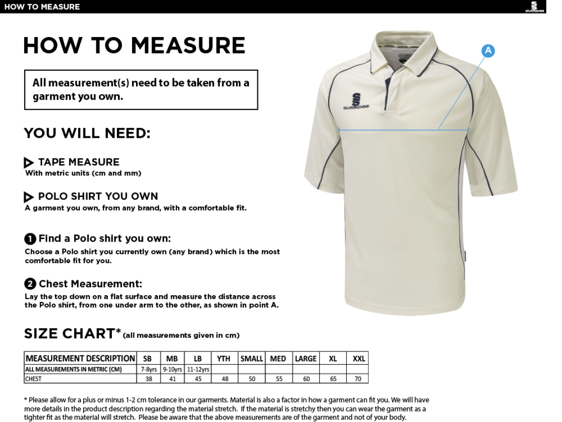 Welbeck COLLIERY CC Premier 3/4 Cricket Shirt - Size Guide